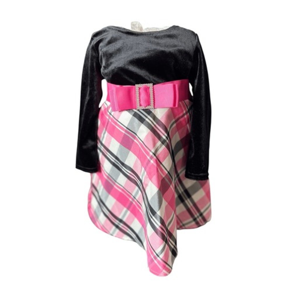 Dollie & Me Dress 2T Pink Plaid Black Velvet Long Sleeve Toddler School Girl